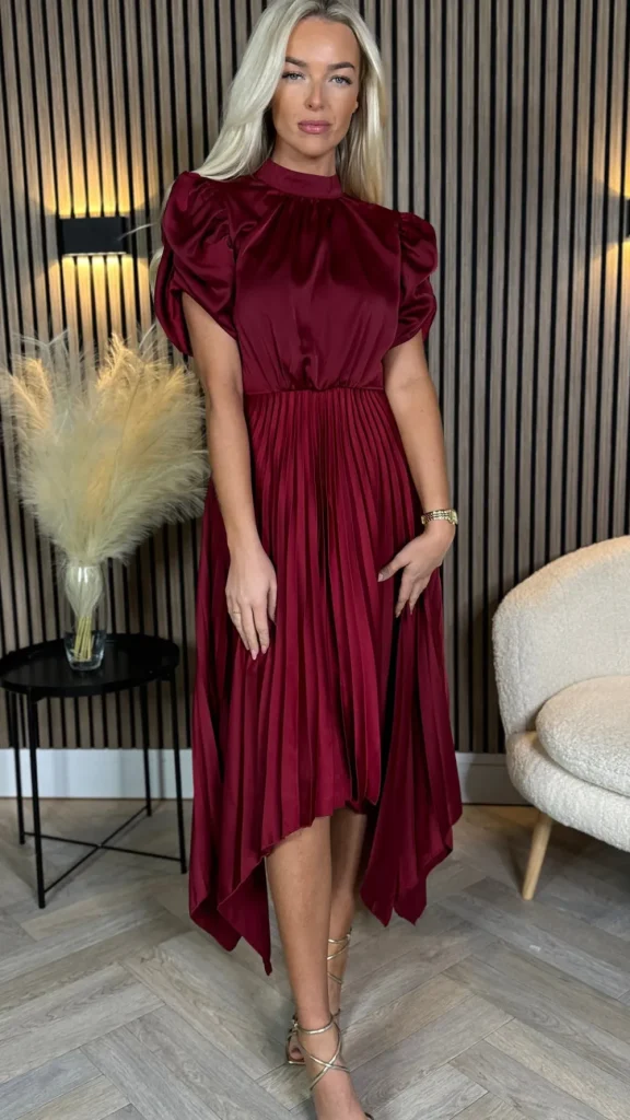 AX PARIS Going Out Dresses | Midi Dresses^Cressida Burgundy High Neck Puff Sleeve Pleated Midi Dress