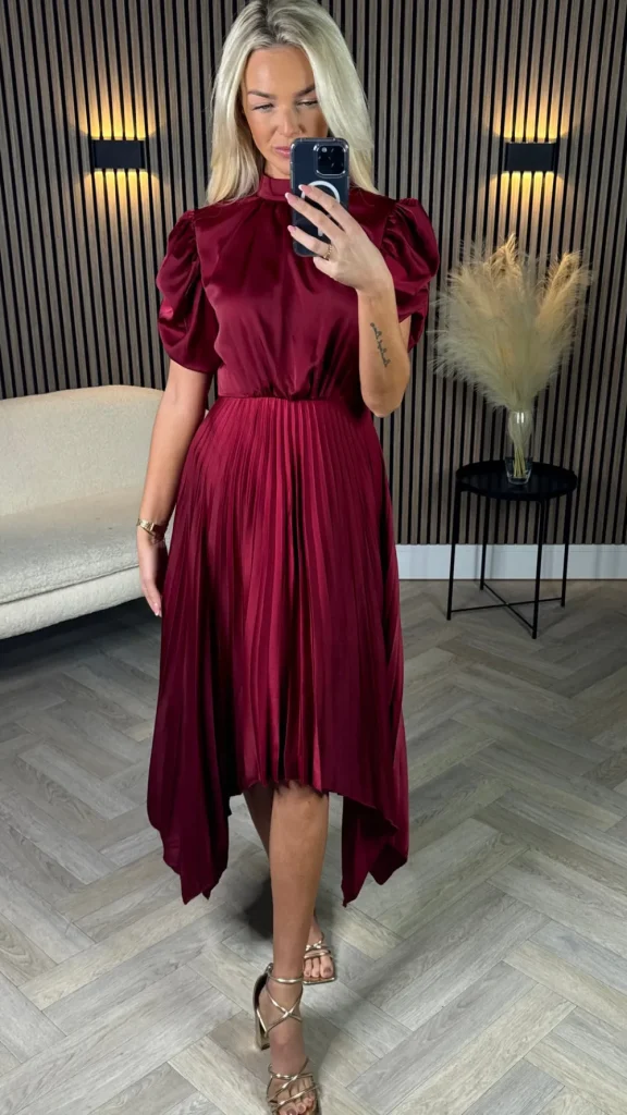 AX PARIS Going Out Dresses | Midi Dresses^Cressida Burgundy High Neck Puff Sleeve Pleated Midi Dress