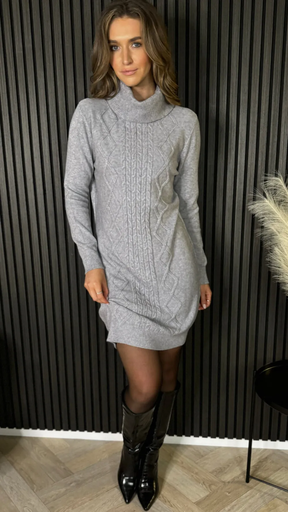 croia_grey_cable_knit_pol_0.webp PARIS FASHION SHOPS Knitwear | Day Dresses^Croia Grey Cable Knit Polo Neck Jumper Mini Dress