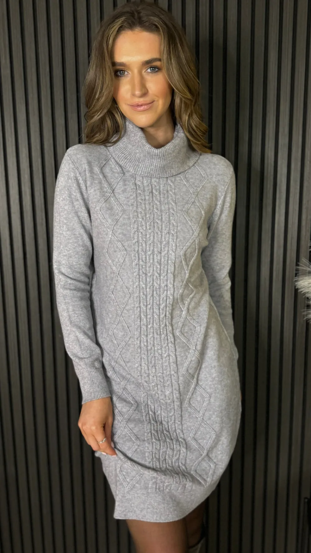 croia_grey_cable_knit_pol_3.webp PARIS FASHION SHOPS Knitwear | Day Dresses^Croia Grey Cable Knit Polo Neck Jumper Mini Dress