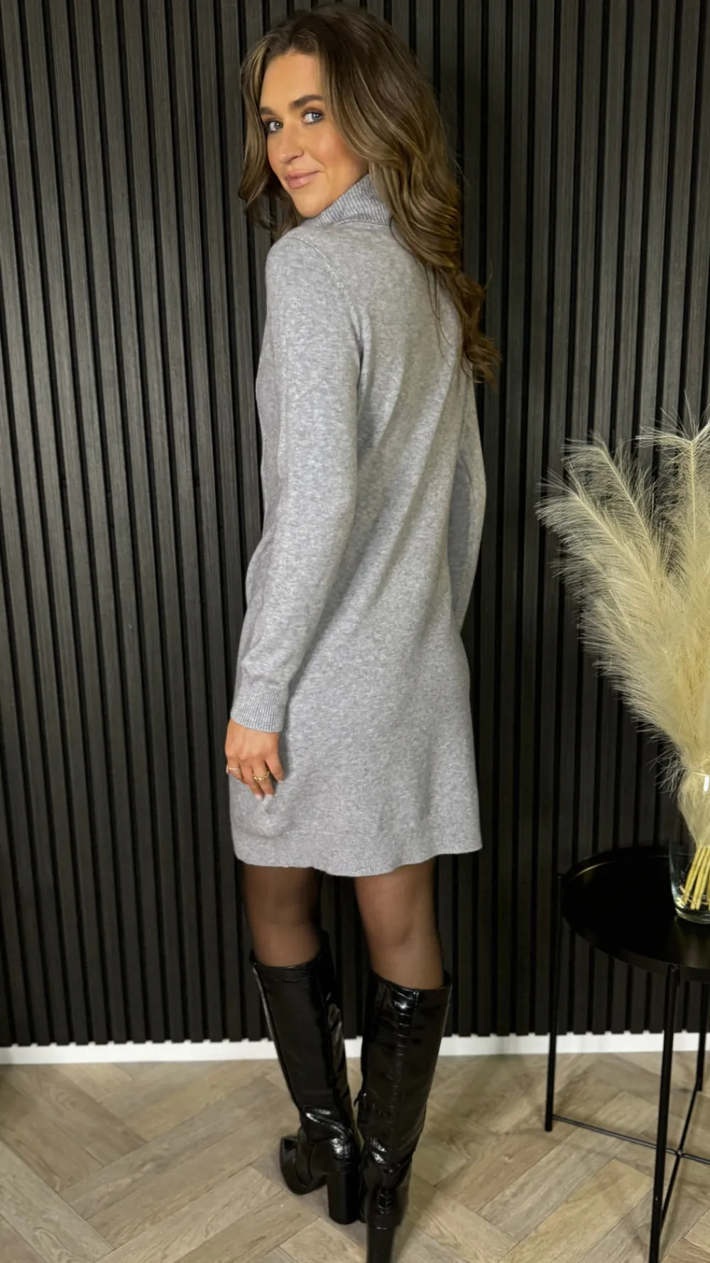 croia_grey_cable_knit_pol_4.webp PARIS FASHION SHOPS Knitwear | Day Dresses^Croia Grey Cable Knit Polo Neck Jumper Mini Dress