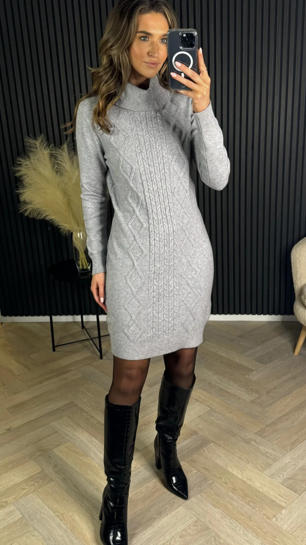 croia_grey_cable_knit_pol_5.webp PARIS FASHION SHOPS Knitwear | Day Dresses^Croia Grey Cable Knit Polo Neck Jumper Mini Dress
