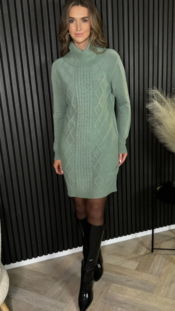 PARIS FASHION SHOPS Knitwear | Day Dresses^Croia Light Green Cable Knit Polo Neck Jumper Mini Dress