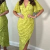 GIRL IN MIND Going Out Dresses | Occasion Dresses^Cyprian Lime Green Angel Sleeve Wrap Midi Dress
