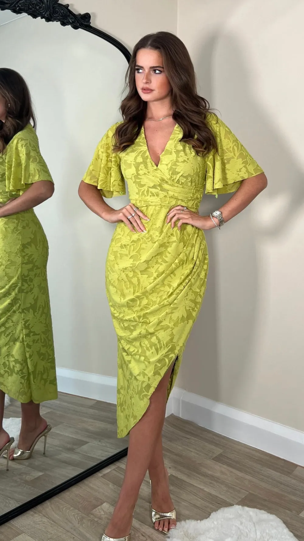 cyprian_lime_green_angel__0.webp GIRL IN MIND Going Out Dresses | Occasion Dresses^Cyprian Lime Green Angel Sleeve Wrap Midi Dress