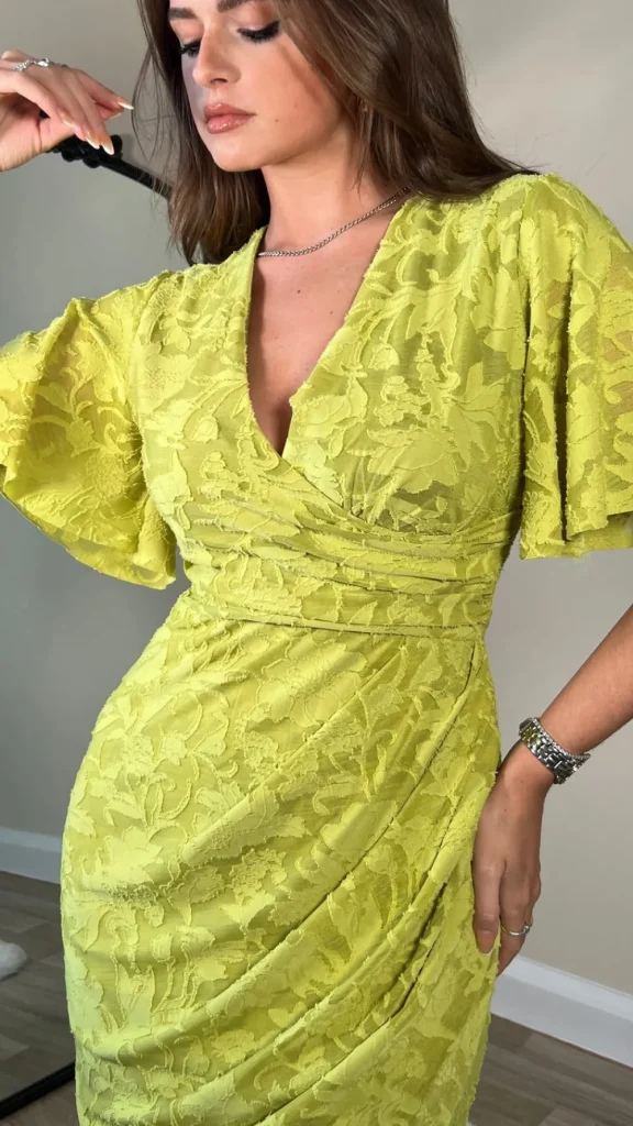 GIRL IN MIND Going Out Dresses | Occasion Dresses^Cyprian Lime Green Angel Sleeve Wrap Midi Dress