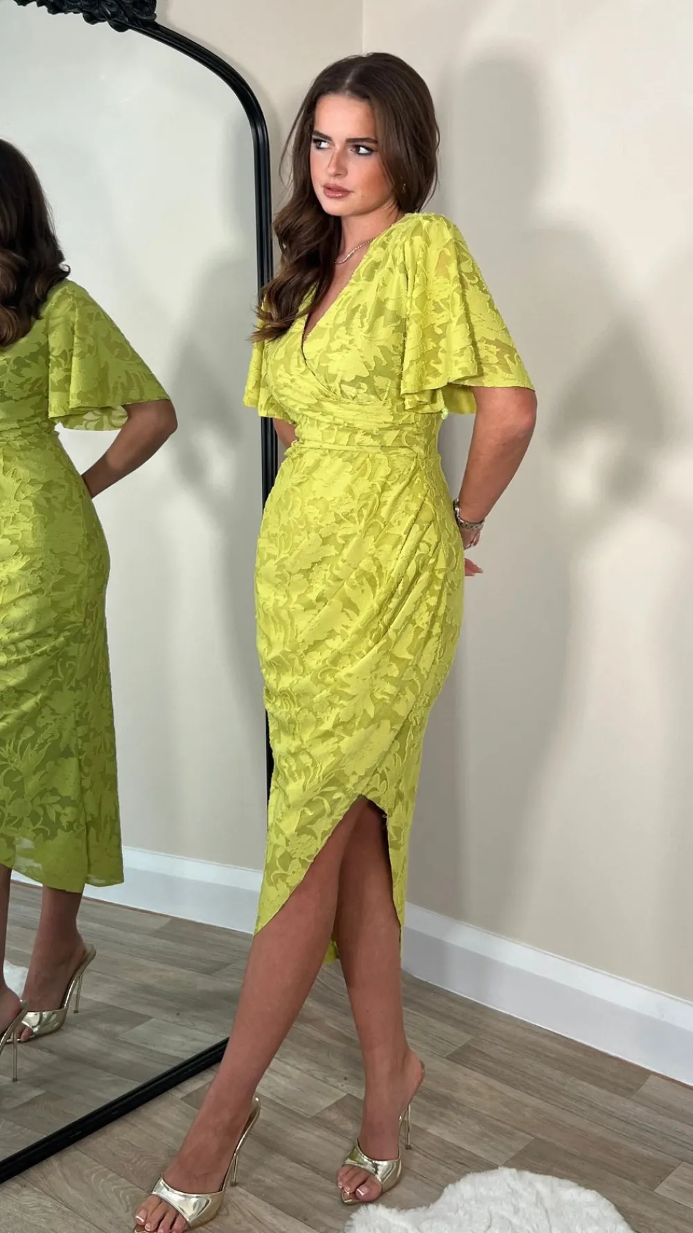cyprian_lime_green_angel__3.webp GIRL IN MIND Going Out Dresses | Occasion Dresses^Cyprian Lime Green Angel Sleeve Wrap Midi Dress
