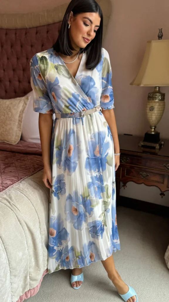 ELLE STYLE Going Out Dresses | Occasion Dresses^Daniela Light Blue & Green Printed Belted Midi Dress