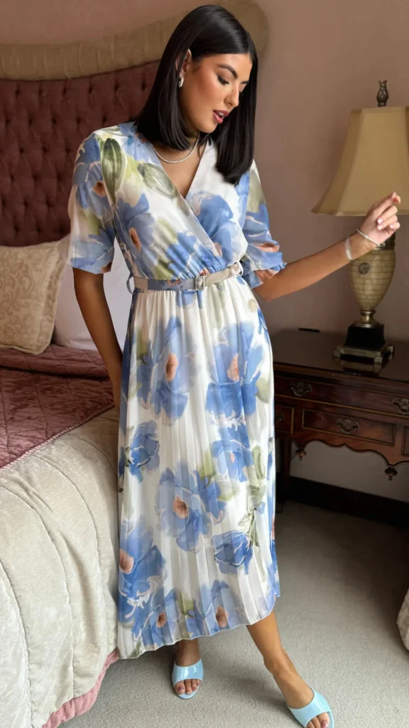 ELLE STYLE Going Out Dresses | Occasion Dresses^Daniela Light Blue & Green Printed Belted Midi Dress