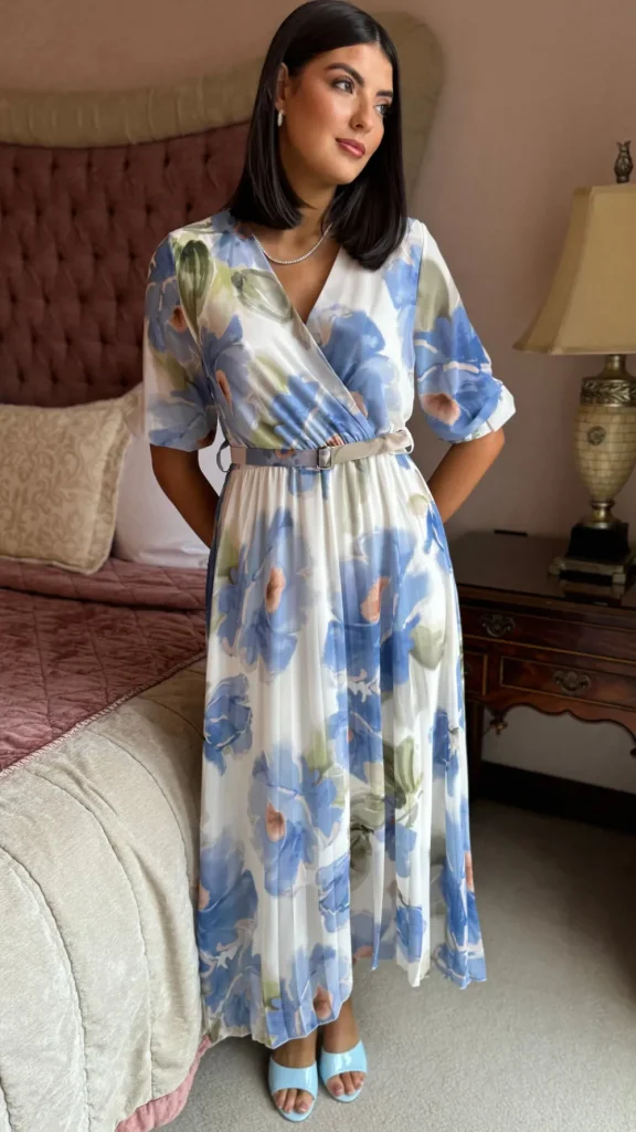 ELLE STYLE Going Out Dresses | Occasion Dresses^Daniela Light Blue & Green Printed Belted Midi Dress