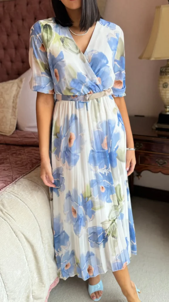 ELLE STYLE Going Out Dresses | Occasion Dresses^Daniela Light Blue & Green Printed Belted Midi Dress