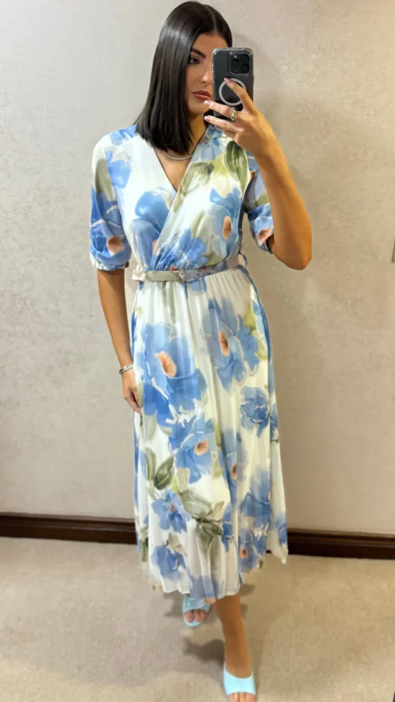 ELLE STYLE Going Out Dresses | Occasion Dresses^Daniela Light Blue & Green Printed Belted Midi Dress