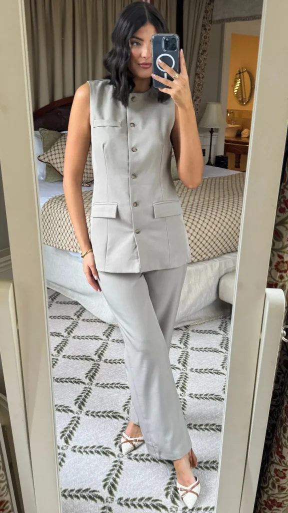 JCD KOOLOOK Co-ords^Danielle Taupe Straight Leg Trousers & Longline Waistcoat Co Ord