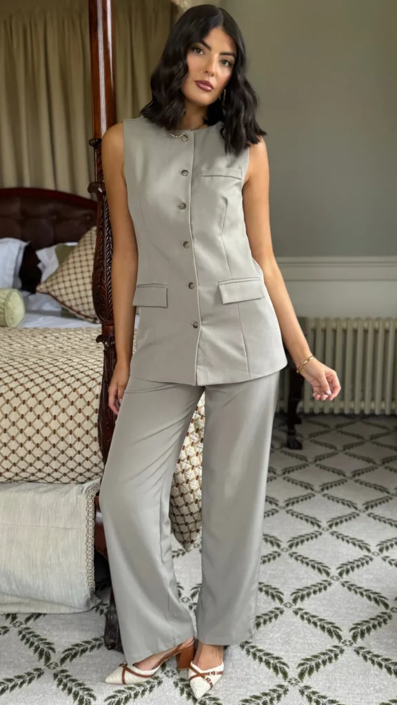 JCD KOOLOOK Co-ords^Danielle Taupe Straight Leg Trousers & Longline Waistcoat Co Ord