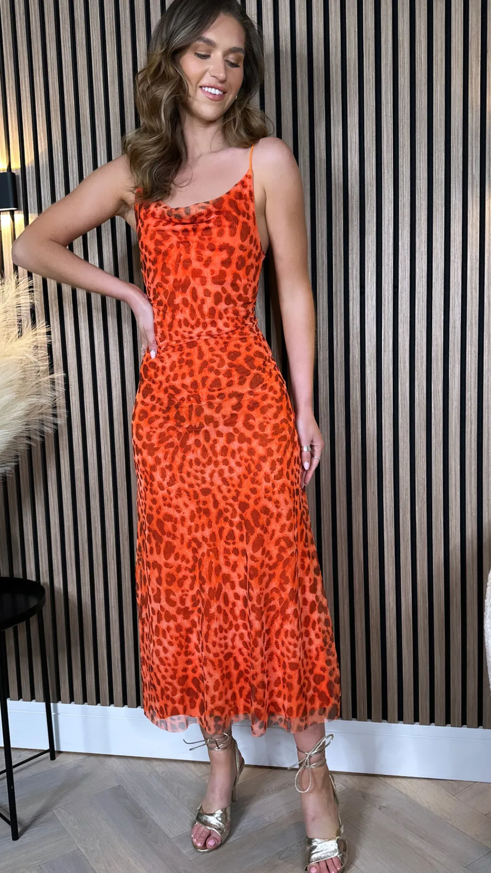 danika_orange_animal_prin_2.webp COPPEROSE Going Out Dresses | Occasion Dresses^Danika Orange Animal Printed Cami Strap Midi Dress