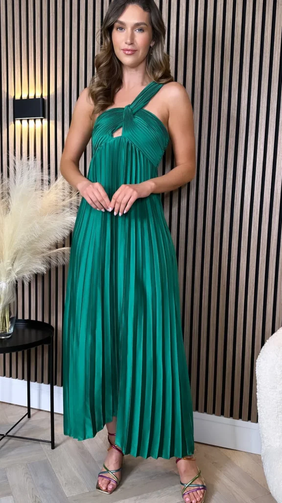 LORIANE Going Out Dresses | Occasion Dresses^Danni Forest Green One Shoulder Knot Detail Cut Out Pleated Midi Dress