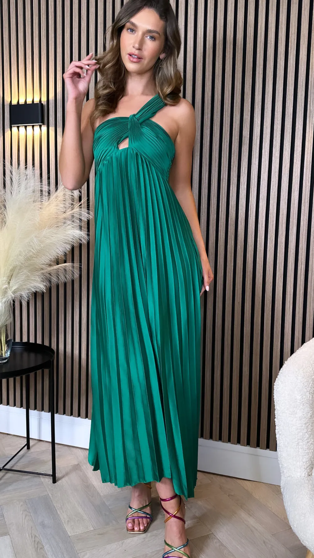 danni_forest_green_one_sh_3.webp LORIANE Going Out Dresses | Occasion Dresses^Danni Forest Green One Shoulder Knot Detail Cut Out Pleated Midi Dress
