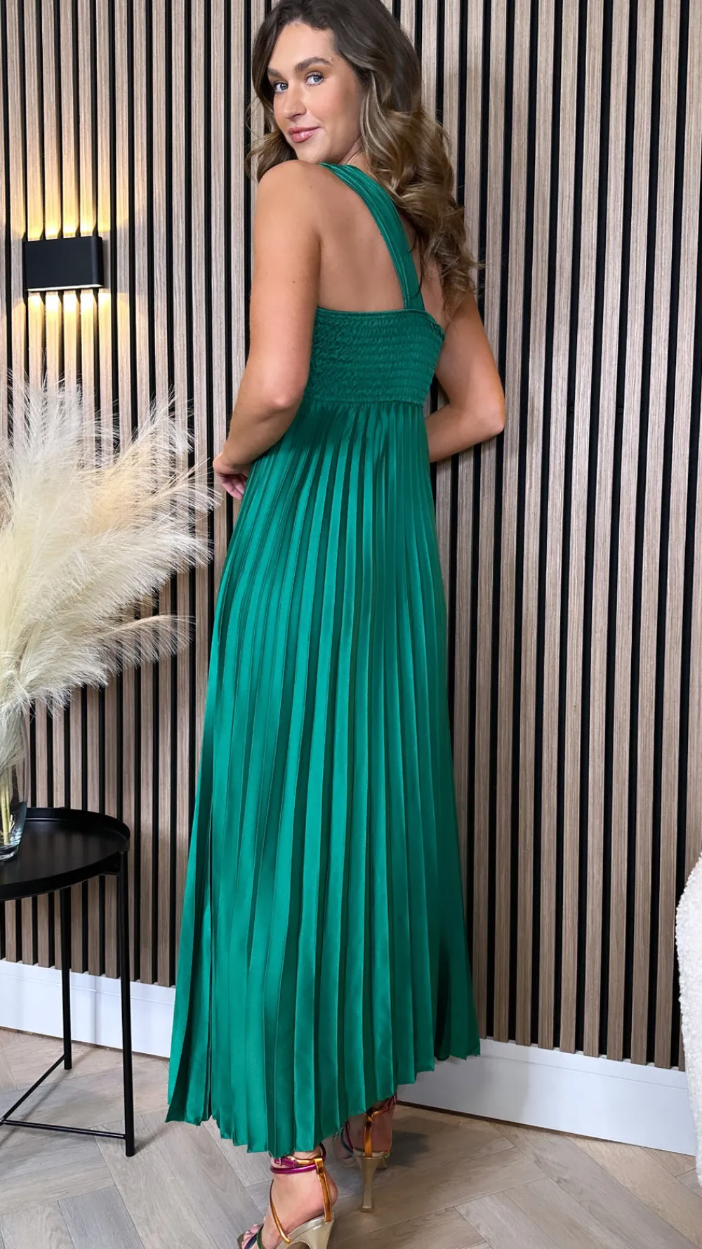 danni_forest_green_one_sh_4.webp LORIANE Going Out Dresses | Occasion Dresses^Danni Forest Green One Shoulder Knot Detail Cut Out Pleated Midi Dress