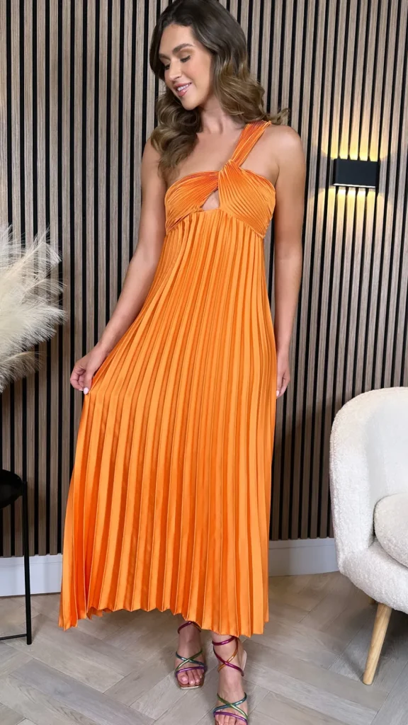 LORIANE Going Out Dresses | Occasion Dresses^Danni Orange One Shoulder Knot Detail Cut Out Pleated Midi Dress