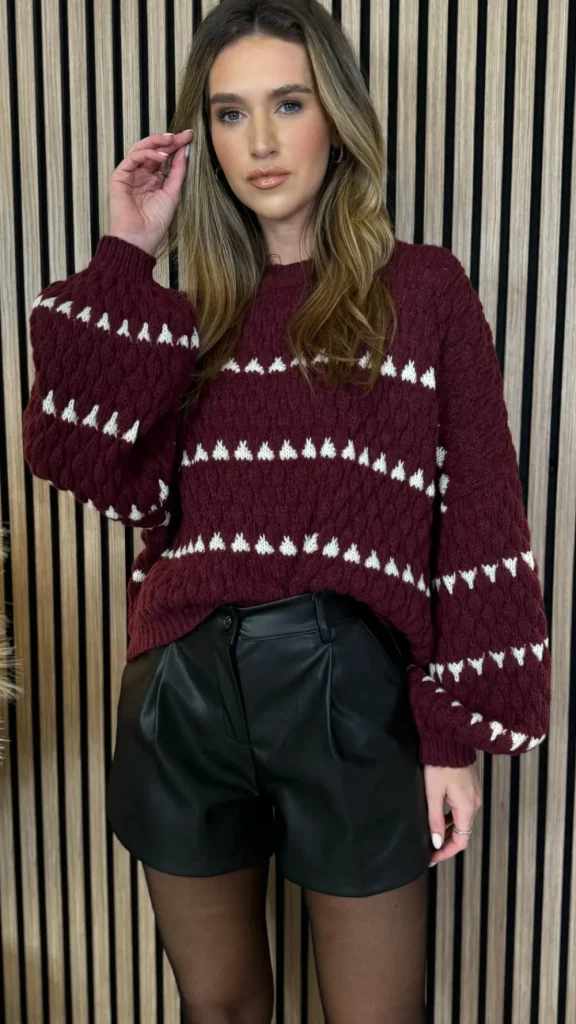 COPPEROSE Knitwear^Darian Burgundy & Ivory Printed Jumper