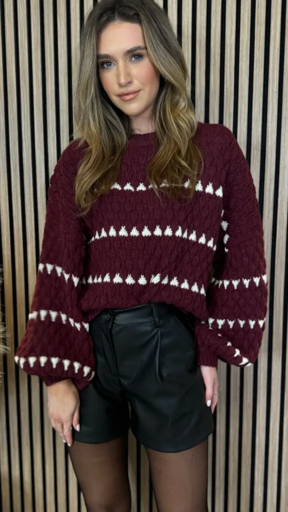 COPPEROSE Knitwear^Darian Burgundy & Ivory Printed Jumper