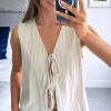 ELENZA Tops^Davina Beige Pinstripe Tie Detail Waistcoat