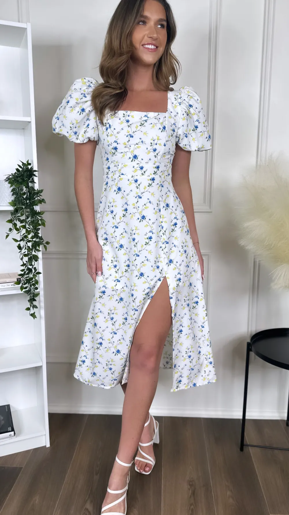demi_blue_floral_square_n_1.webp GIRL IN MIND Going Out Dresses | Occasion Dresses^Demi Blue Floral Square Neck Midi Dress