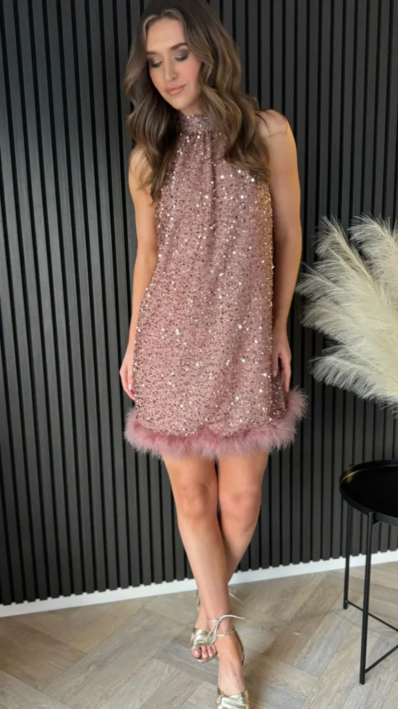 LUCCE Fitted Dresses | Going Out Dresses^Denver Rose Pink Halter Neck Feather Hem Mini Dress