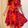 GIRL IN MIND Going Out Dresses | Occasion Dresses^Dervla Orange & Pink Floral Print Collared Midi Dress