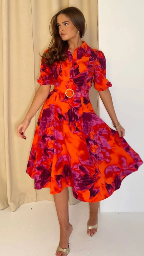 GIRL IN MIND Going Out Dresses | Occasion Dresses^Dervla Orange & Pink Floral Print Collared Midi Dress