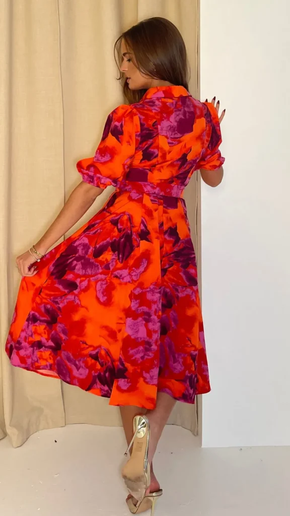 GIRL IN MIND Going Out Dresses | Occasion Dresses^Dervla Orange & Pink Floral Print Collared Midi Dress