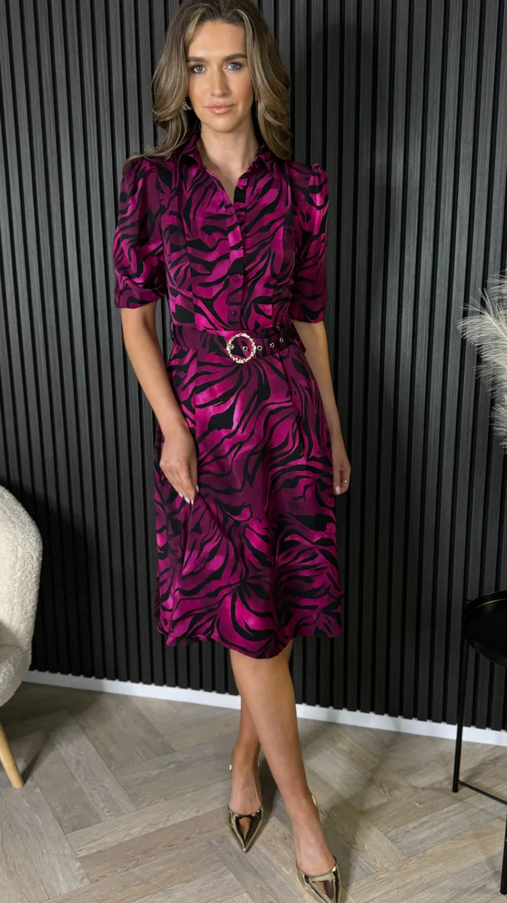 dervla_pink_amp_black_leo_0.webp GIRL IN MIND Going Out Dresses | Occasion Dresses^Dervla Pink & Black Leopard Print Collared Midi Dress