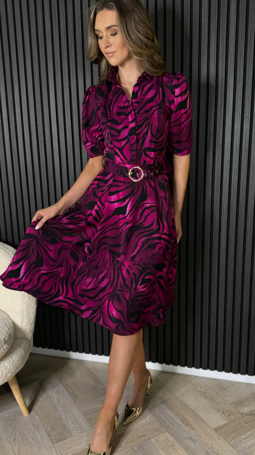 dervla_pink_amp_black_leo_1.webp GIRL IN MIND Going Out Dresses | Occasion Dresses^Dervla Pink & Black Leopard Print Collared Midi Dress