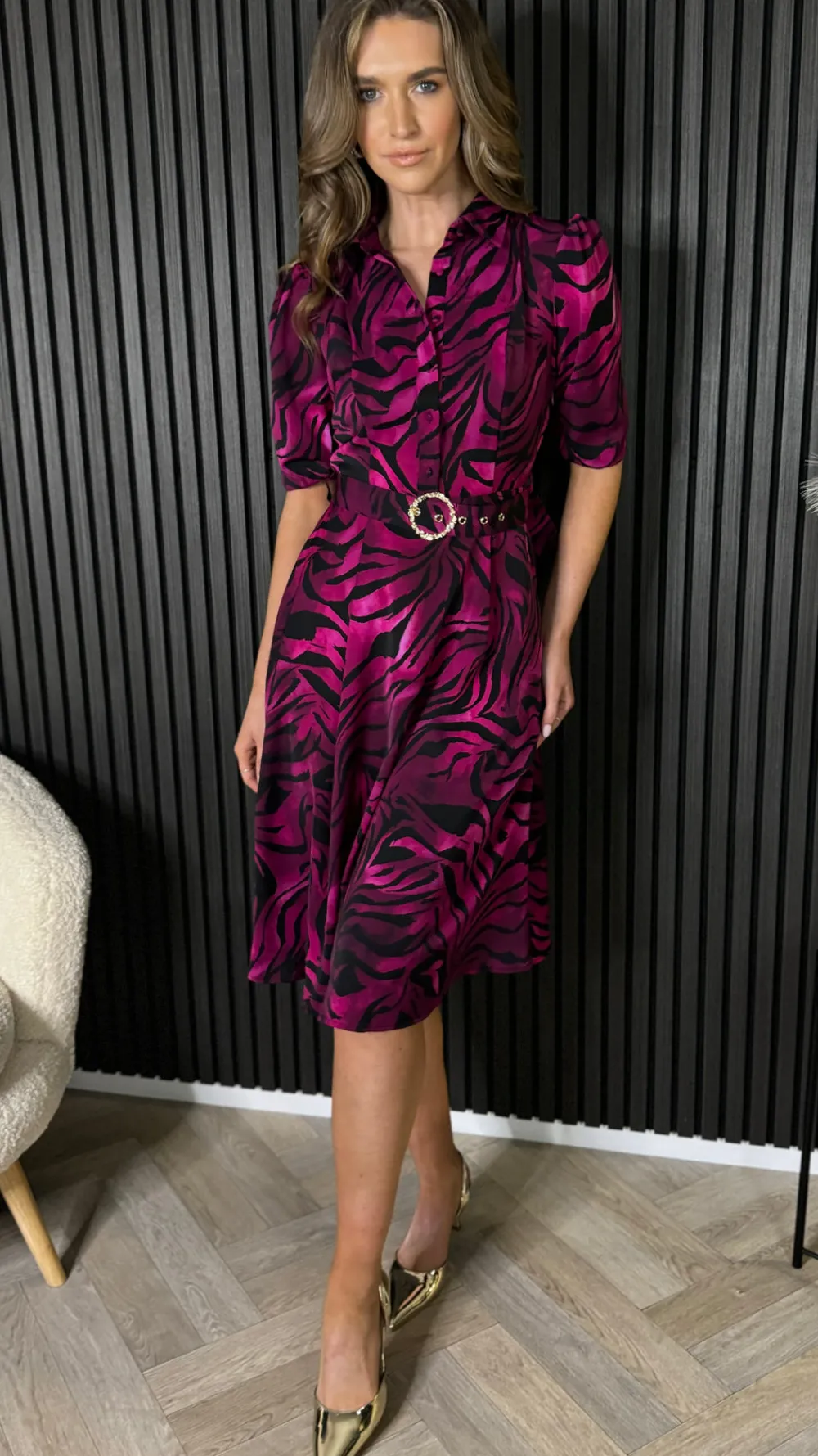 dervla_pink_amp_black_leo_3.webp GIRL IN MIND Going Out Dresses | Occasion Dresses^Dervla Pink & Black Leopard Print Collared Midi Dress