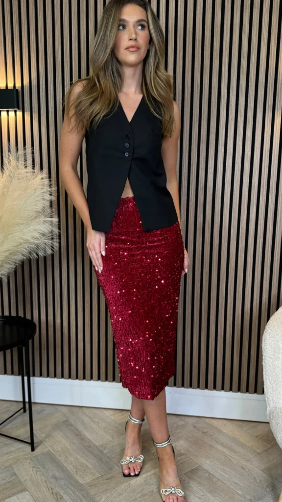 LORIANE Skirts & Shorts^Dervla Red Sequin Midi Skirt