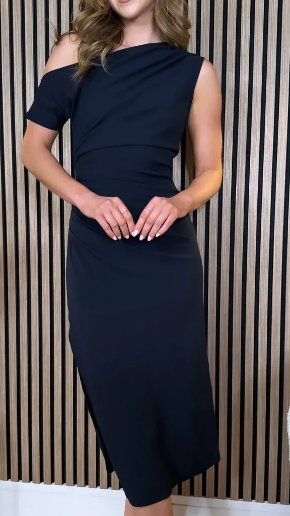 GIRL IN MIND Fitted Dresses | Going Out Dresses^Diana Navy Asymmetric Neckline Midi Dress