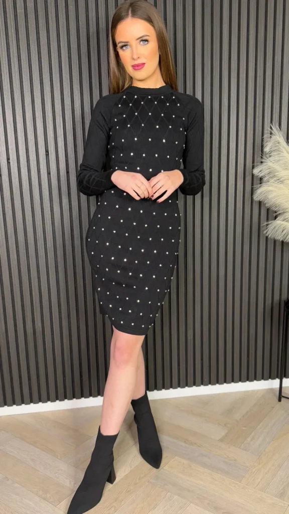 PARIS FASHION SHOPS Mini Dresses^Donnie Black Knit Mini Dress Decorated With Rhinestones