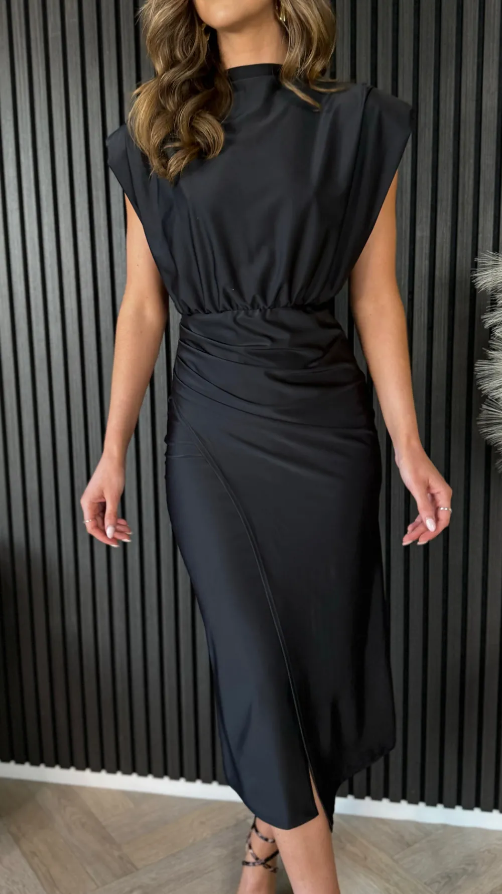 doreen_black_high_neck_wr_1.webp COPPEROSE Going Out Dresses | Occasion Dresses^Doreen Black High Neck Wrap Style Midi Dress