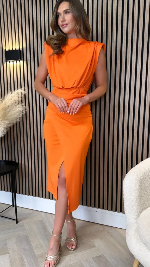 COPPEROSE Going Out Dresses | Occasion Dresses^Doreen Orange High Neck Wrap Style Midi Dress