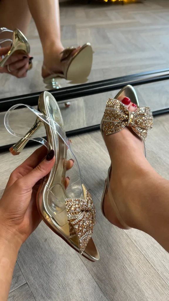 SAS ACTIV GIVANA Heels^Dorothea Gold Diamante Bow Detail Slingback Peep Toe Sandals