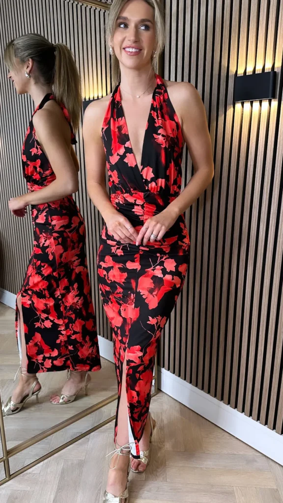 COPPEROSE Going Out Dresses | Occasion Dresses^Dorothy Black & Coral Printed Halterneck Midi Dress