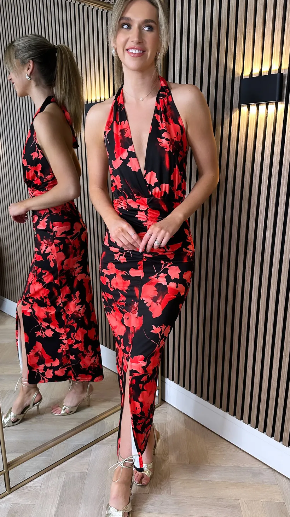 dorothy_black_amp_coral_p_2.webp COPPEROSE Going Out Dresses | Occasion Dresses^Dorothy Black & Coral Printed Halterneck Midi Dress