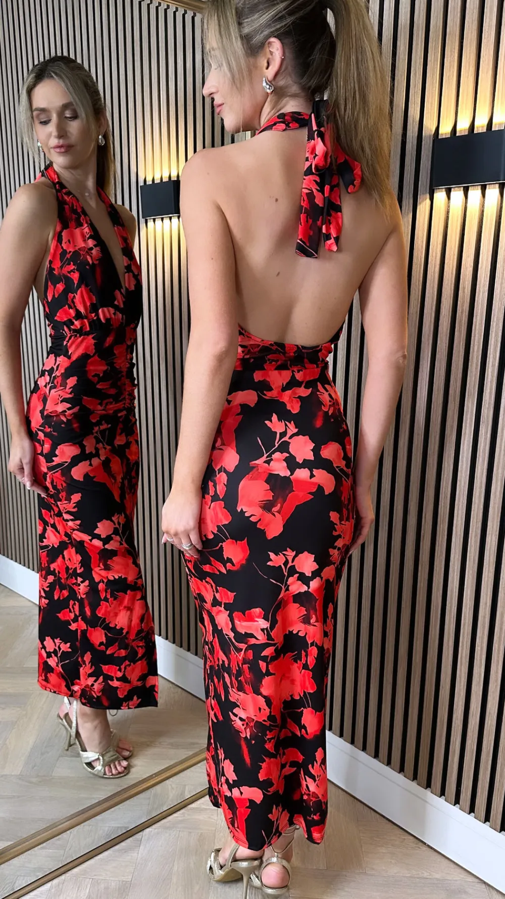 dorothy_black_amp_coral_p_4.webp COPPEROSE Going Out Dresses | Occasion Dresses^Dorothy Black & Coral Printed Halterneck Midi Dress