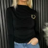 LORIANE Tops^Dova Black High Neck Buckle Detail Top