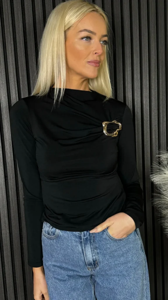 LORIANE Tops^Dova Black High Neck Buckle Detail Top