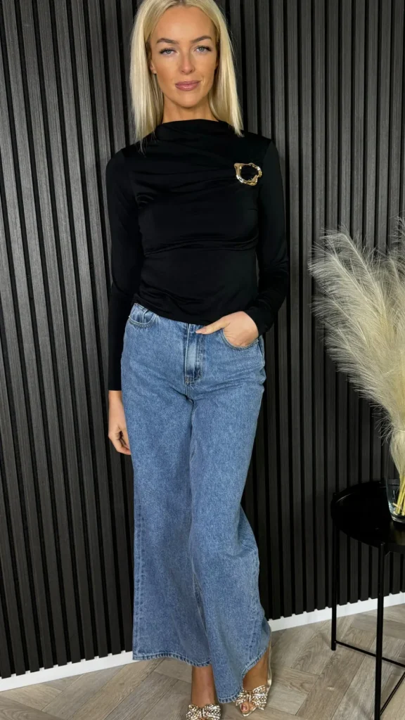 LORIANE Tops^Dova Black High Neck Buckle Detail Top