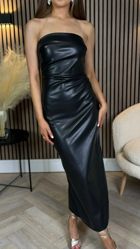 COPPEROSE Going Out Dresses | Occasion Dresses^Drea Black Leather Look Ruched Bandeau Midi Dress