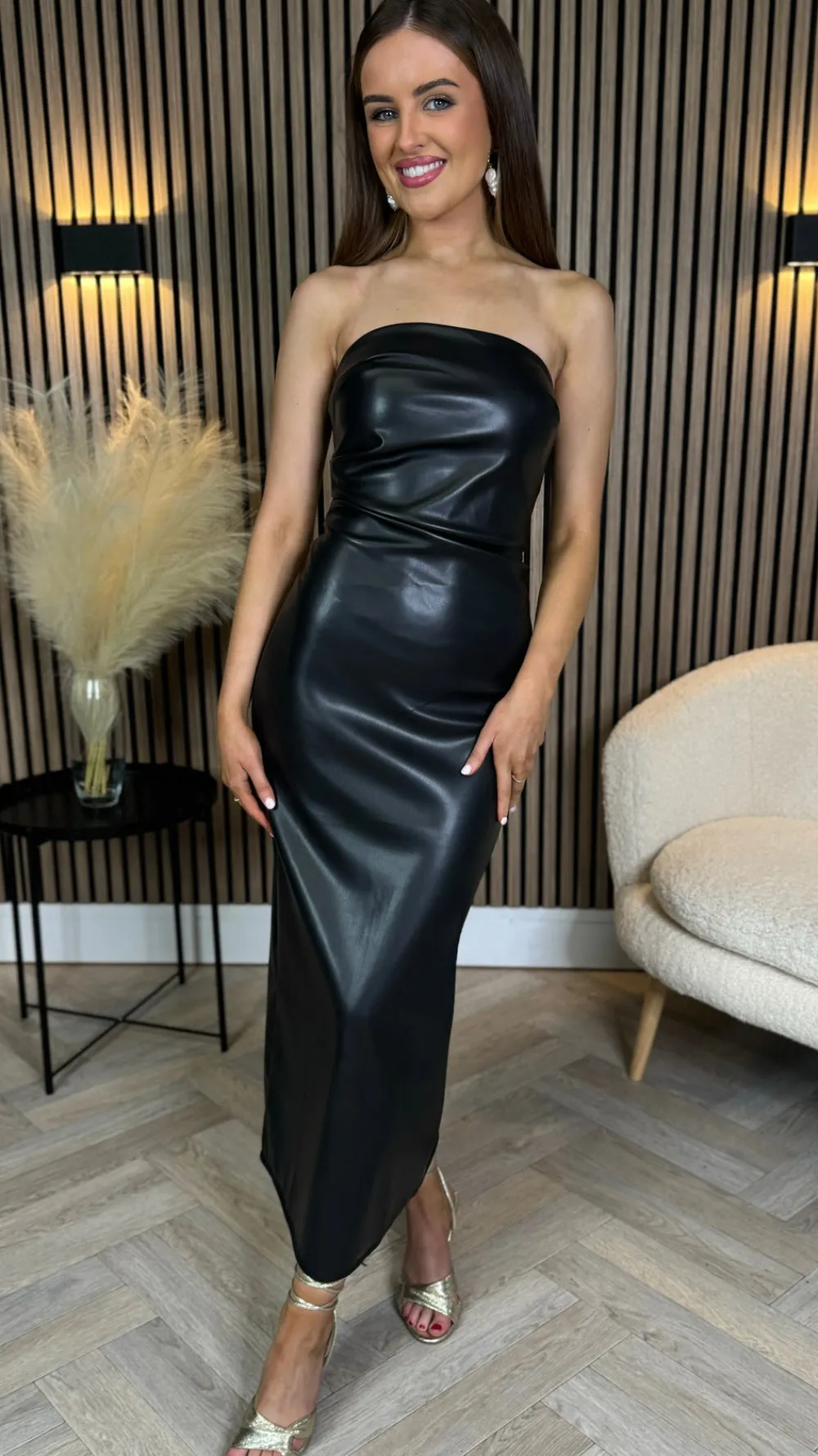 drea_black_leather_look_r_1.webp COPPEROSE Going Out Dresses | Occasion Dresses^Drea Black Leather Look Ruched Bandeau Midi Dress
