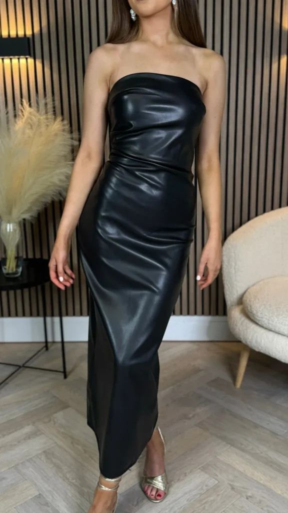 COPPEROSE Going Out Dresses | Occasion Dresses^Drea Black Leather Look Ruched Bandeau Midi Dress