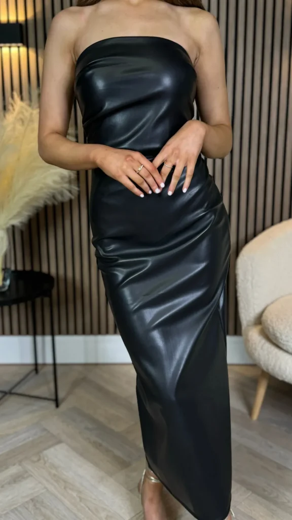 COPPEROSE Going Out Dresses | Occasion Dresses^Drea Black Leather Look Ruched Bandeau Midi Dress
